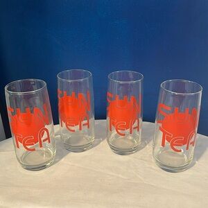 Vintage Sun Tea Set of 4 Large Red Orange Dot Sun Tea Logo Glasses 8” Tall